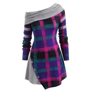 

Plaid Mock Buttons Sparkle Panel Plus Size Top, Purple