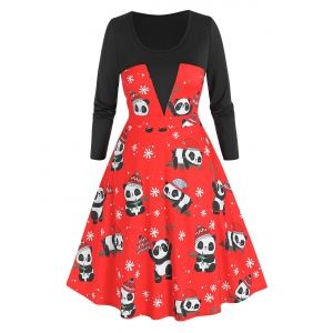 

Plus Size Christmas Panda Snowflake Long Sleeve Dress, Multi a