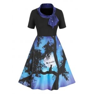 

Plus Size Ombre Starry Cat Print Knotted Knee Length Dress, Black