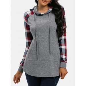 

Plaid Print Panel Raglan Sleeve Pocket Hoodie, Ash gray