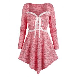 

Space Dye Print Pointed Hem Lace-up T-shirt, Light pink