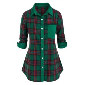 

Plus Size Plaid Front Pocket Button Up Tunic Shirt, Dark green