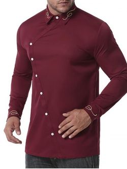 Button Up Lines Embroidered Shirt - RED WINE - XL