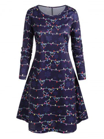 Plus Size String Lights and Snowflake Print Knee Length Dress - DEEP BLUE - L