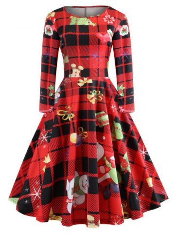 Árbol de navidad de la tela escocesa de Santa Claus campanas más el vestido del tamaño - RED - L