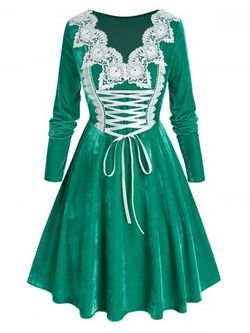 Plus Size Velvet Lace-up Applique Panel Long Sleeve Dress - GREEN PEAS - 2X