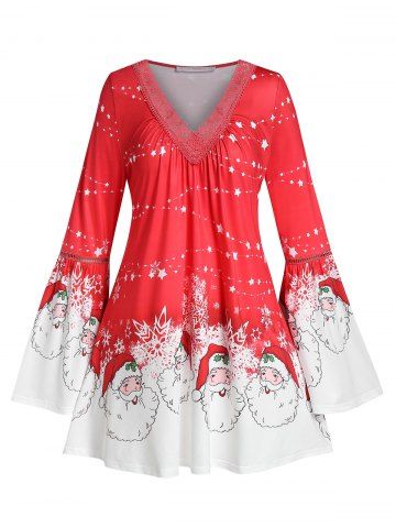 Plus Size Christmas Claus Stars Picot Trim Flare Sleeve Tunic Tee - RED - 1X