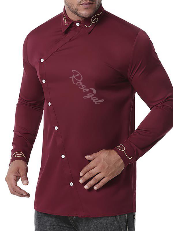 Chemise Brodée Boutonnée Rouge Vineux XL