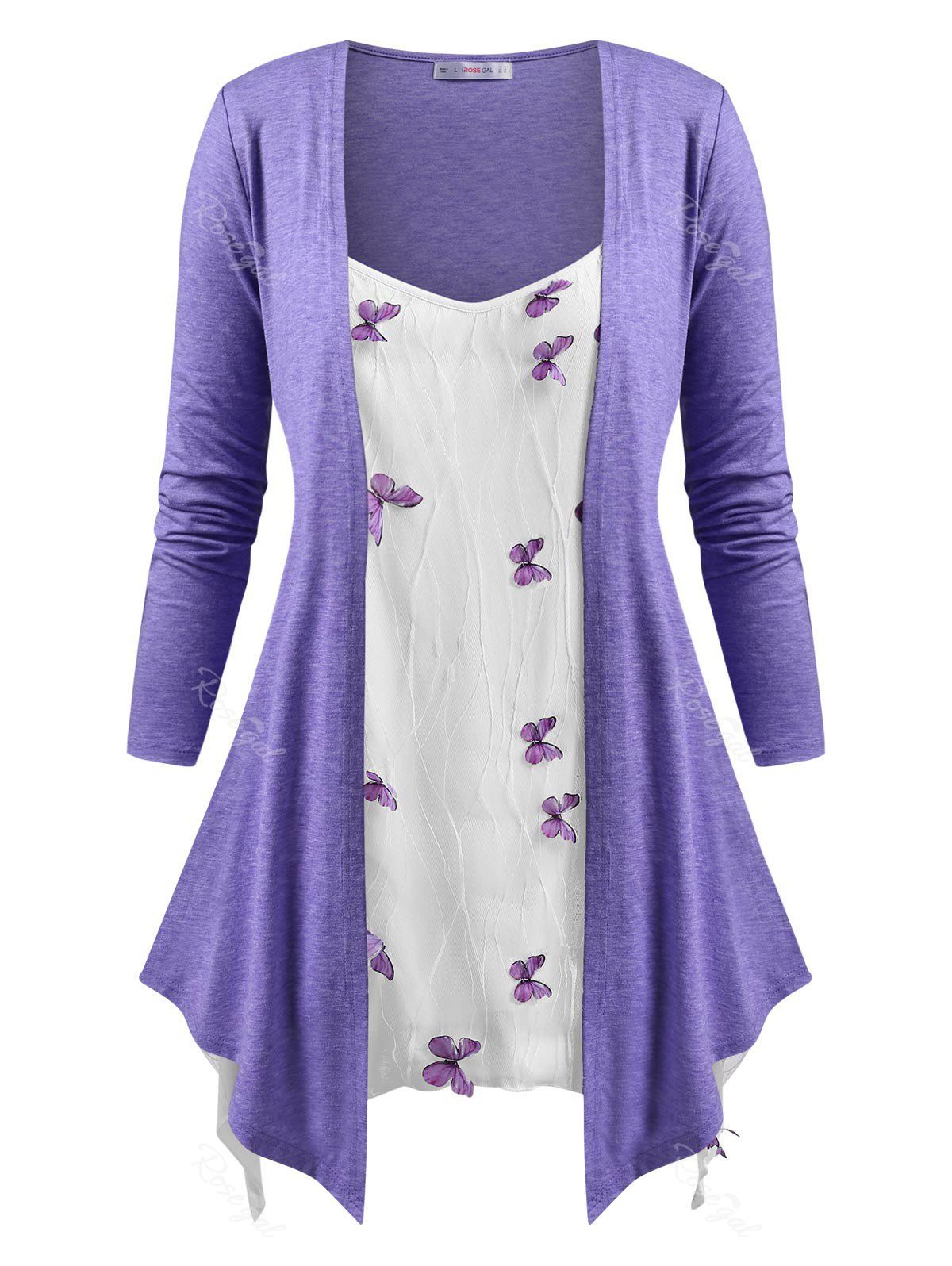 

Mesh Panel Butterfly Applique Plus Size Combo Top, Purple