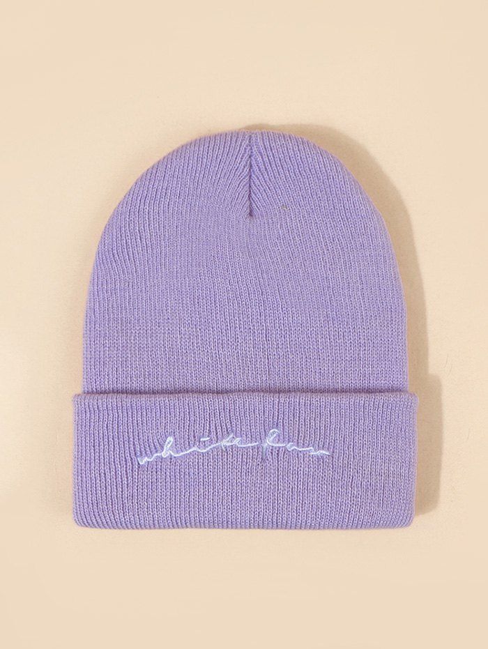 

Letters Pattern Embroidery Knitted Hat, Purple mimosa