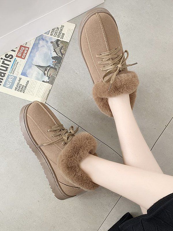 

Lace Up Faux Fur Flat Snow Boots, Brown