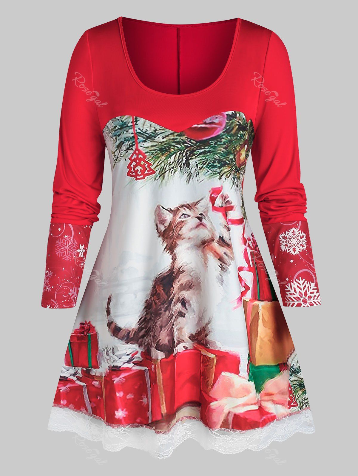 

Plus Size Christmas Snowflake Gift Cat Lace Hem Long Sleeve Tee, Red