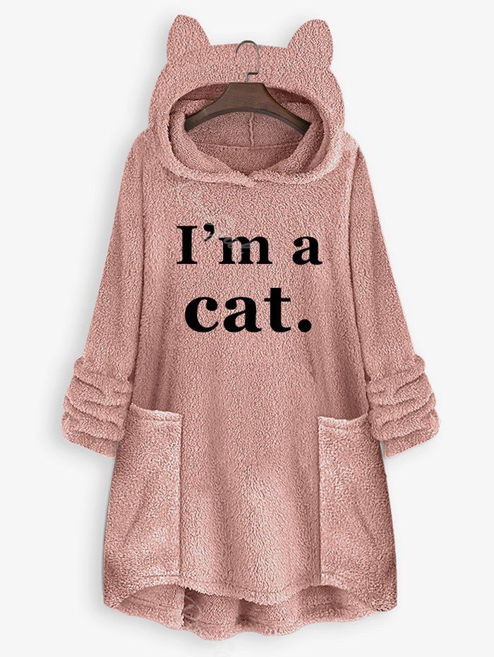 

Plus Size Plush Cat Ear Letter Print High Low Hoodie, Light pink