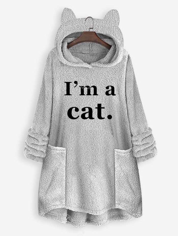 

Plus Size Plush Cat Ear Letter Print High Low Hoodie, Gray