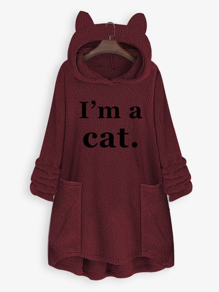 

Plus Size Plush Cat Ear Letter Print High Low Hoodie, Deep red