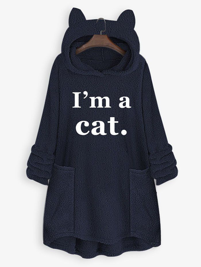 

Plus Size Plush Cat Ear Letter Print High Low Hoodie, Deep blue