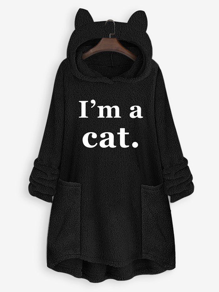 

Plus Size Plush Cat Ear Letter Print High Low Hoodie, Black