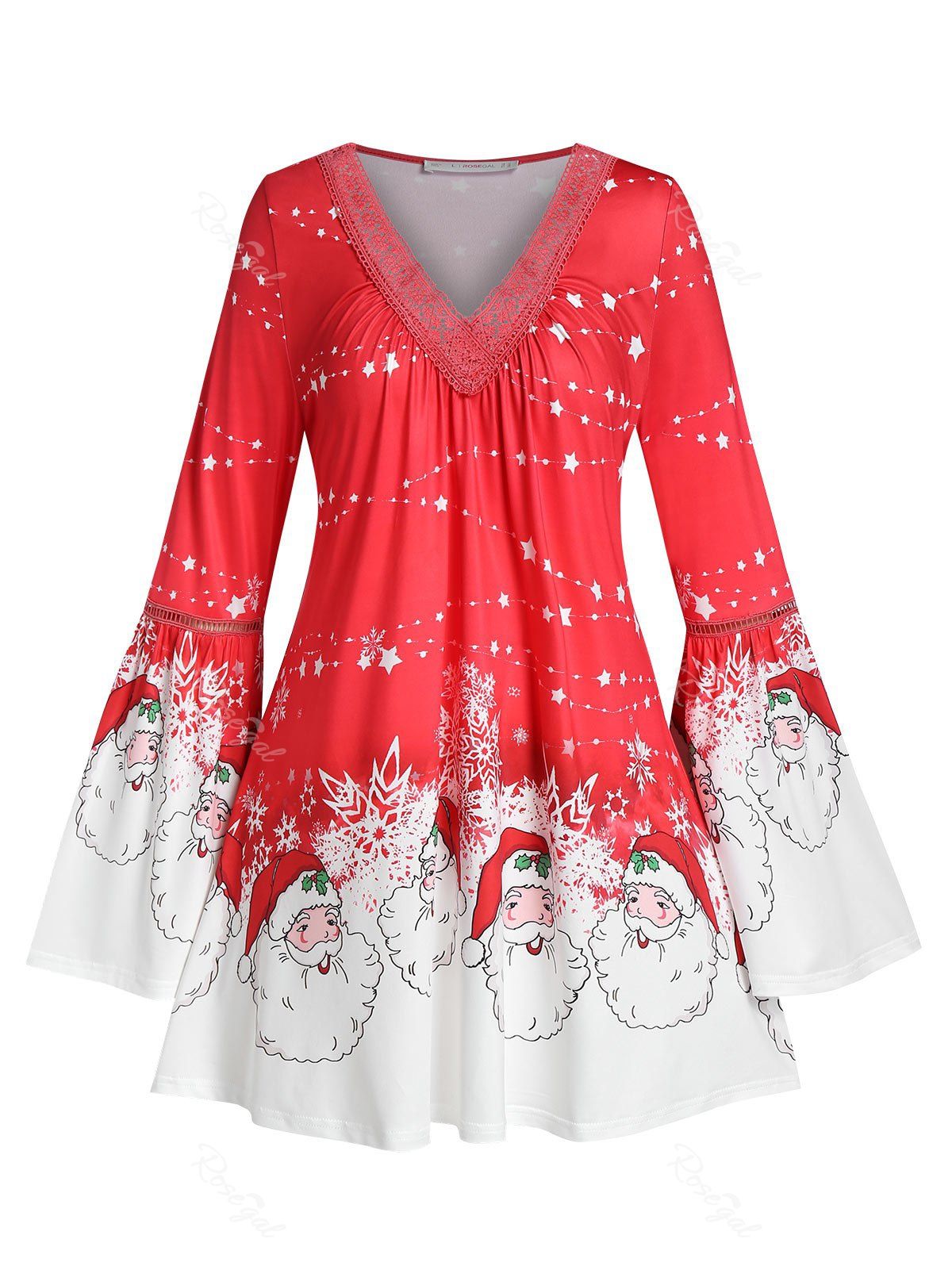 Affordable Plus Size Christmas Claus Stars Picot Trim Flare Sleeve Tunic Tee  