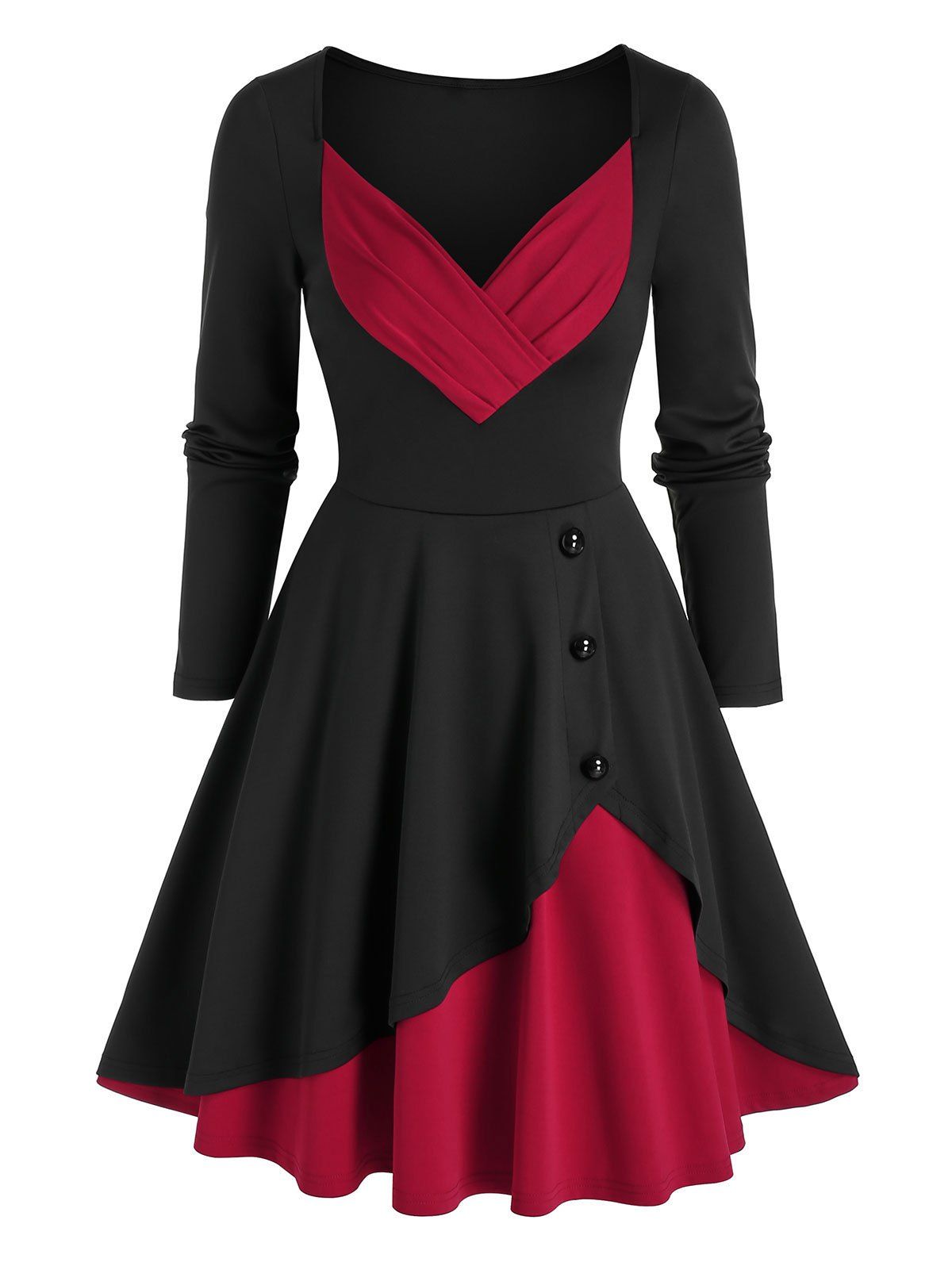 

Colorblock Pleated Button A Line Retro Dress, Black