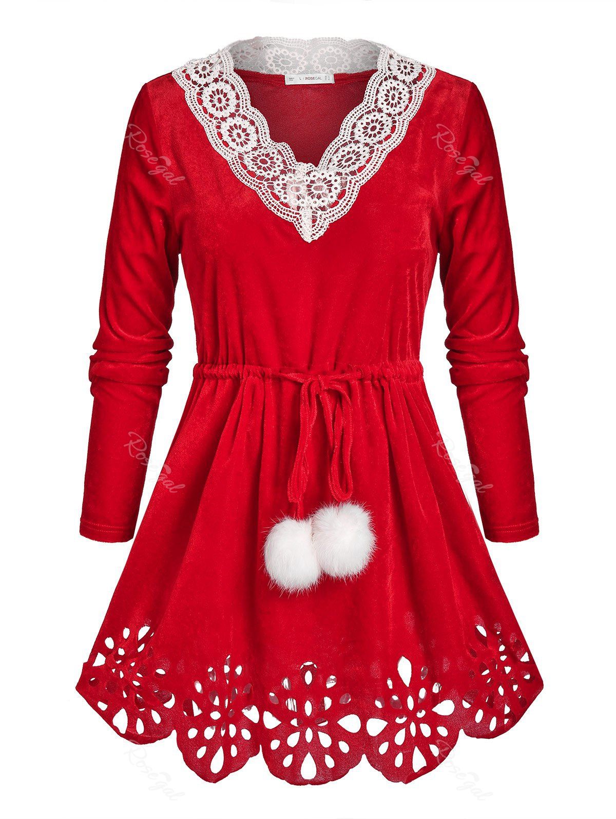 Outfit Plus Size Christmas Pompom Velvet Laser Cut Lace Panel Tee  