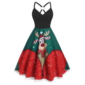 

Plus Size Christmas O Ring Elk Print Dress, Red