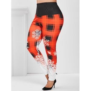 

Plus Size Christmas Plaid Snowflake Print Pants, Red