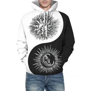 

Two Tone Sun Moon Chinese Tai Ji Print Hoodie, Black