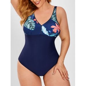 

Plus Size Floral Leaf Panel One-piece Swimsuit, Multi