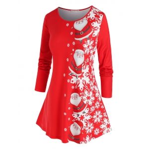 

Plus Size Santa Snowflake Print Asymmetric T Shirt, Red