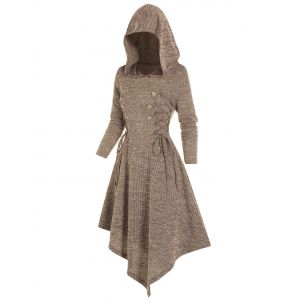

Lace Up Mock Button Hooded Asymmetrical Dress, Coffee