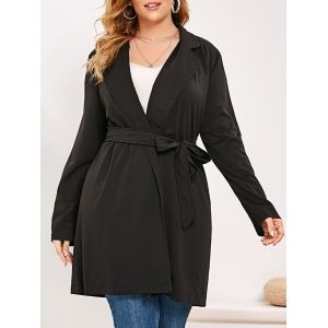 

Lapel Solid Tie Waist Plus Size Coat, Black
