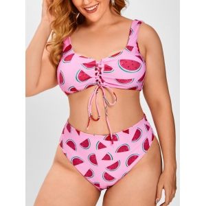 

Lace Up Watermelon Plus Size Tank Bikini Swimwear, Light pink