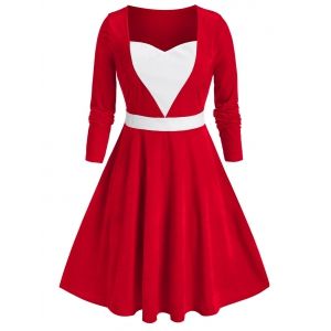 

Plus Size Colorblock Velvet Flare Dress, Red