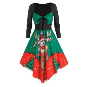 

Cartoon Elk Print Bowknot Flare Dress, Pine green