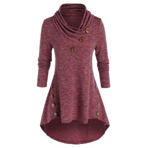 

Plus Size High Low Shawl Collar Knitted T Shirt, Red wine