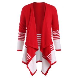

Plus Size Striped Bicolor Draped Open Front Cardigan, Red