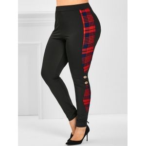 

Plus Size Mock Button Plaid Print Skinny Pants, Black