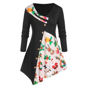 

Plus Size Button Elk Print Patchwork T Shirt, Black