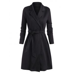 

Tie Waist Lapel Solid Long Coat, Black