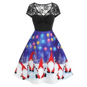 

Plus Size Santa Print Lace V Neck Dress, Blue