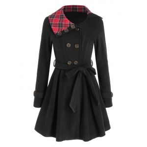 

Plaid Crossover Double Breasted Skirted Coat, Black