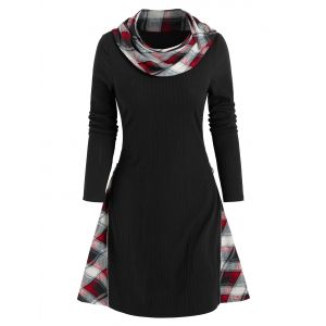 

Plaid Insert Ribbed Convertible Sweater Dress, Black