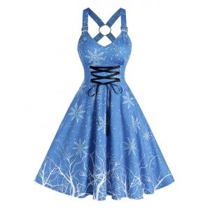 

Snowflake Printed Lace Up A Line Dress, Silk blue