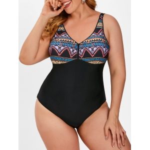 

Plus Size Back Knot Ethnic Printed One-piece Swimsuit, Multi