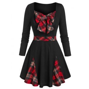 

Plus Size Bowknot Plaid Panel Flare T Shirt, Black