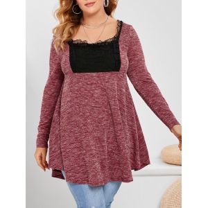 

Plus Size Heathered Lace Insert Knitwear, Red wine