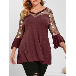 

Flare Sleeve Mesh Panel Floral Embroidered Plus Size Top, Red