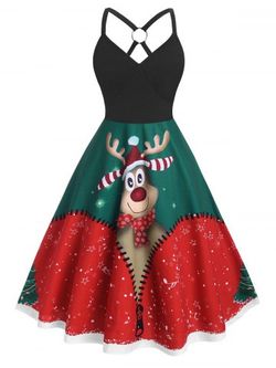 Plus Size Christmas O Ring Elk Print Dress - RED - 2X
