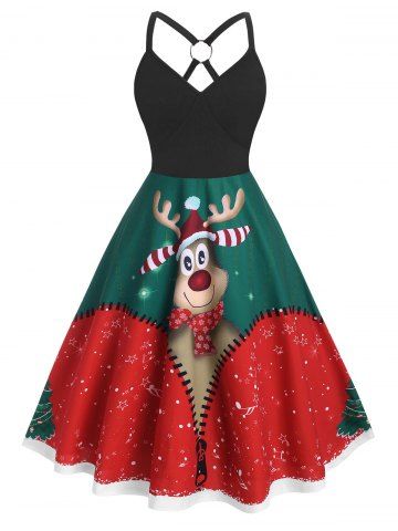 Plus Size Christmas O Ring Elk Print Dress