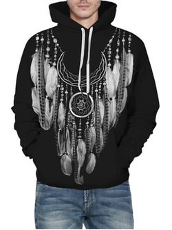 Drawstring Front Pocket Feather Graphic Hoodie - BLACK - XL